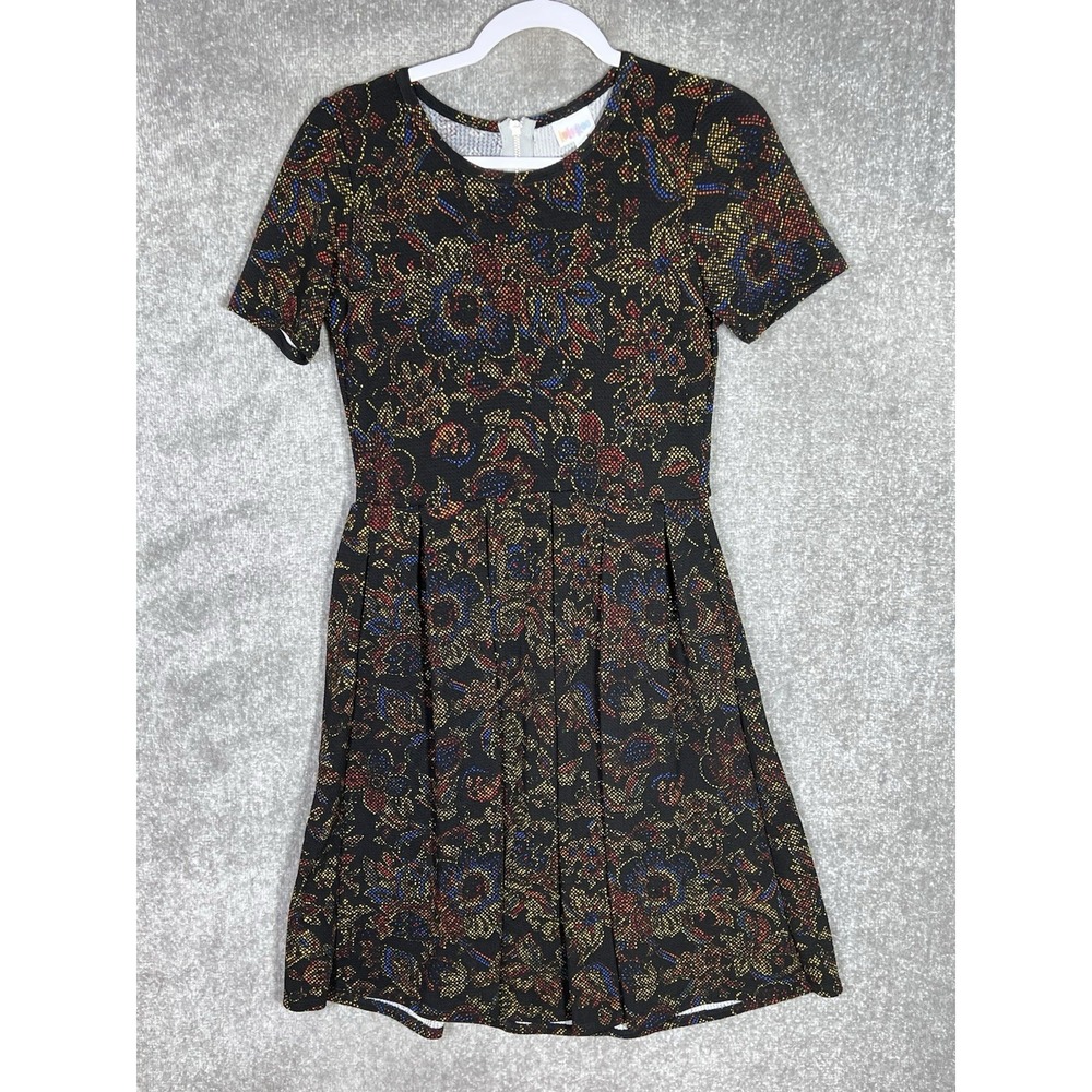Lularoe Amelia Skater Pleated Dress Womens Sz‎ Medium Floral Pockets Stretch